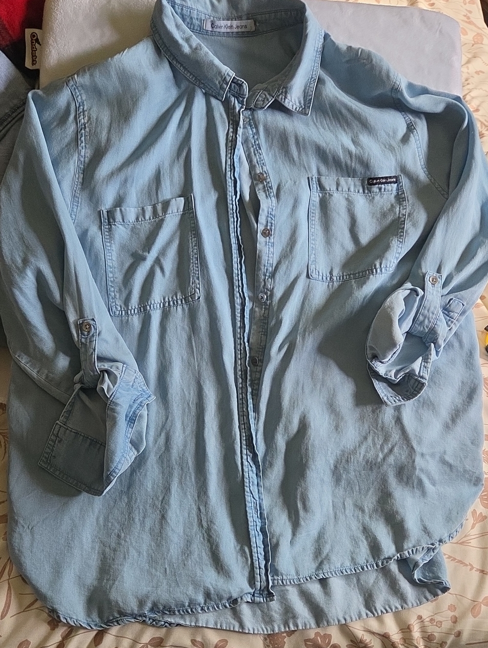 Lightweight Long Denim Button Down Shirt , Long Sleeved With Roll Up Option